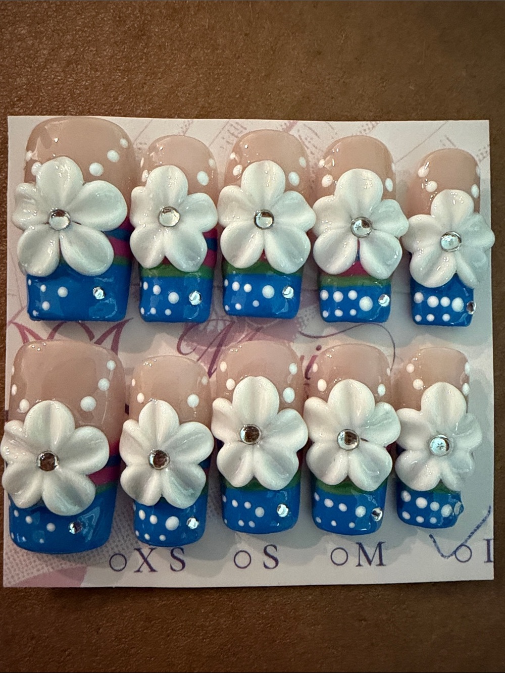 Blue Floral 3D handmade acrylic Press-On Nails with White Flowers